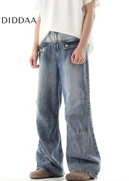 Blue Deconstructed Wide Leg Gradient Jeans - Men’s Jeans