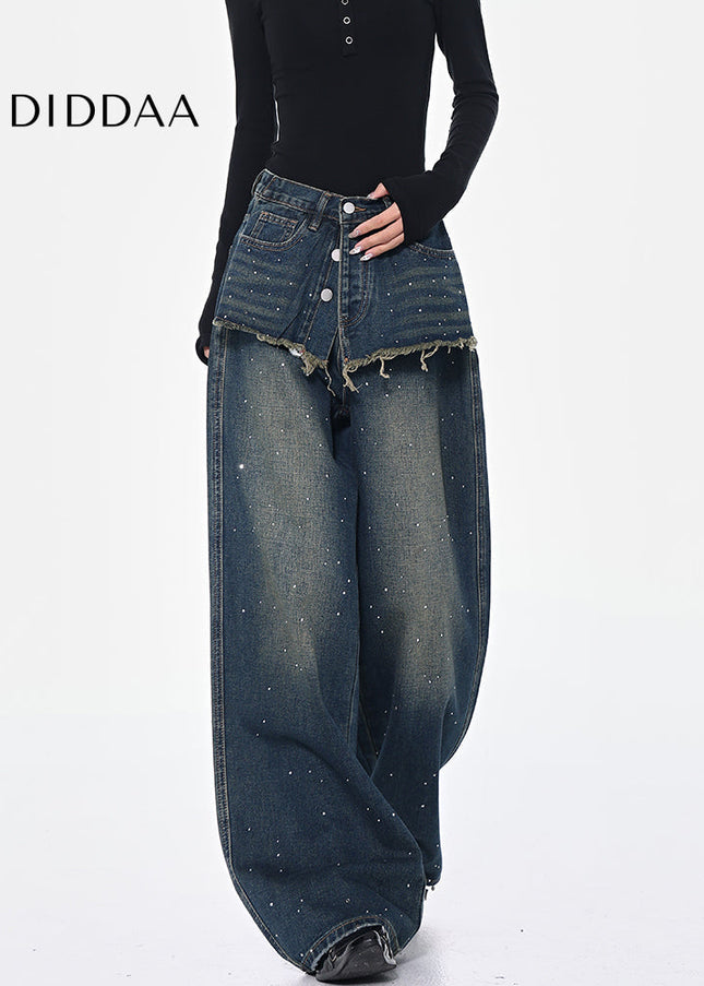 Blue Diamond Wash Wide-Leg Draped Mop Pants - Women’s Jeans
