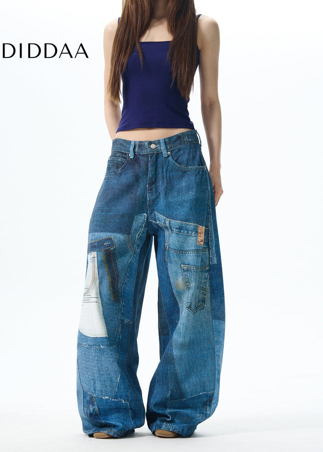 Blue Digital Jet Print Jeans with Loose Fit Style - Women’s Jeans