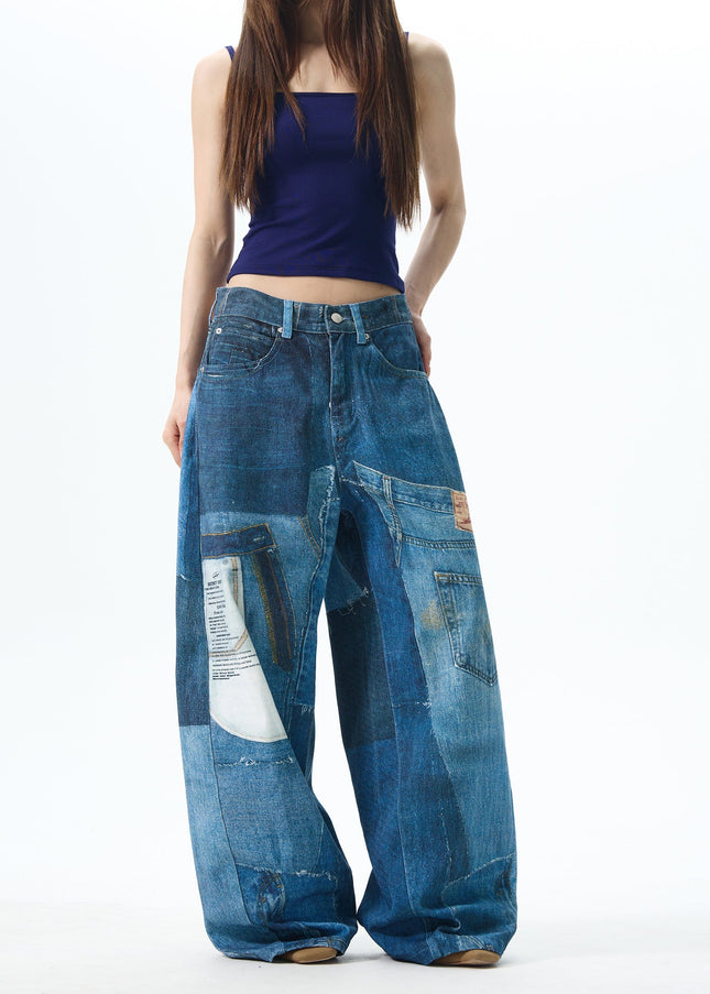 Blue Digital Jet Print Jeans with Loose Fit Style - Women’s Jeans