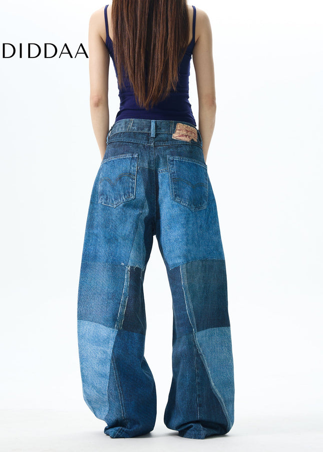 Blue Digital Jet Print Jeans with Loose Fit Style - Women’s Jeans