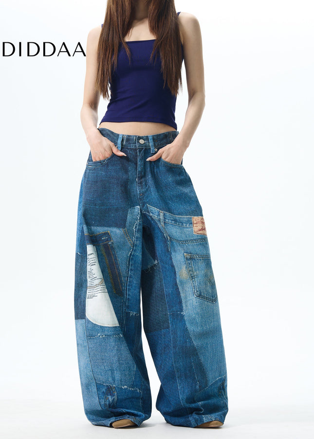 Blue Digital Jet Print Jeans with Loose Fit Style - Women’s Jeans