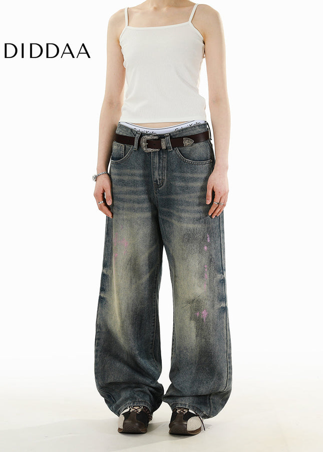 Blue Distressed American Retro Spray Jeans for Men and Women - Men’s Jeans