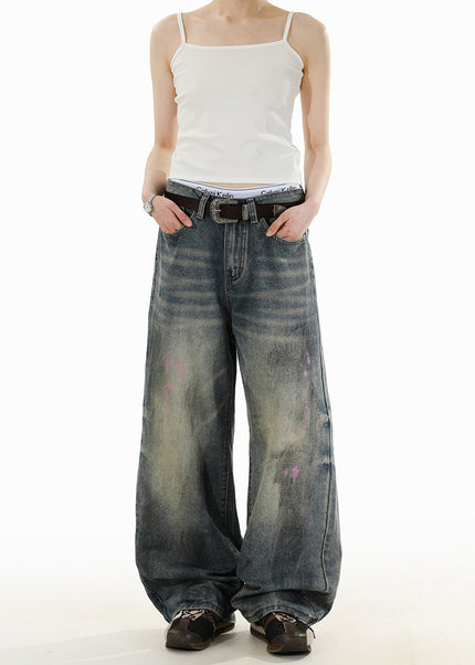 Blue Distressed American Retro Spray Jeans for Men and Women - Men’s Jeans