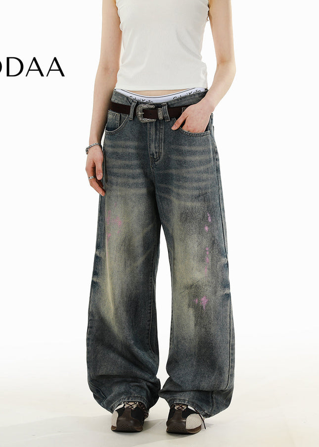 Blue Distressed American Retro Spray Jeans for Men and Women - S / Mid Blue - Men’s Jeans
