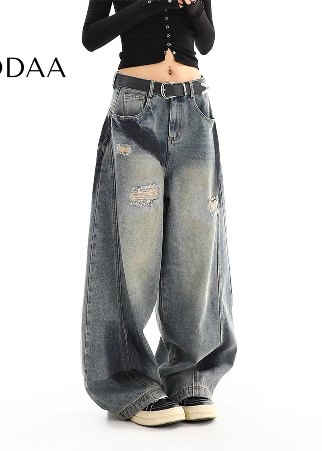 Blue Distressed American Retro Wide Leg Jeans - S / Vintage Blue - Women’s Jeans