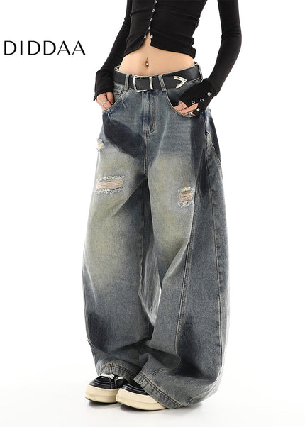 Blue Distressed American Retro Wide Leg Jeans - Women’s Jeans