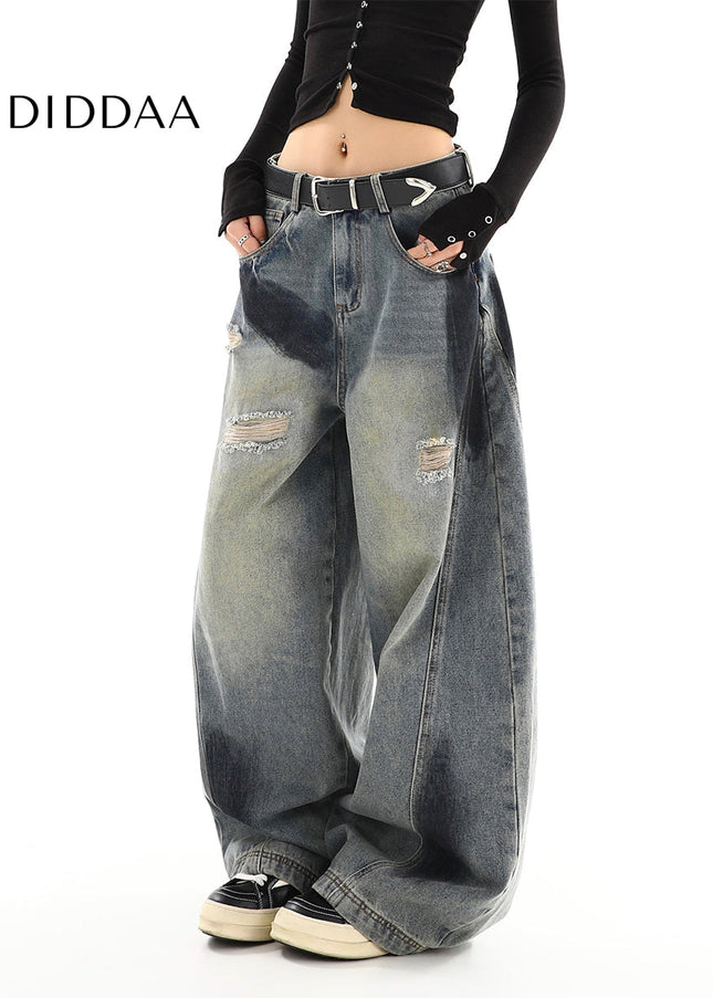 Blue Distressed American Retro Wide Leg Jeans - Women’s Jeans
