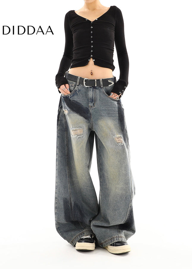 Blue Distressed American Retro Wide Leg Jeans - Women’s Jeans