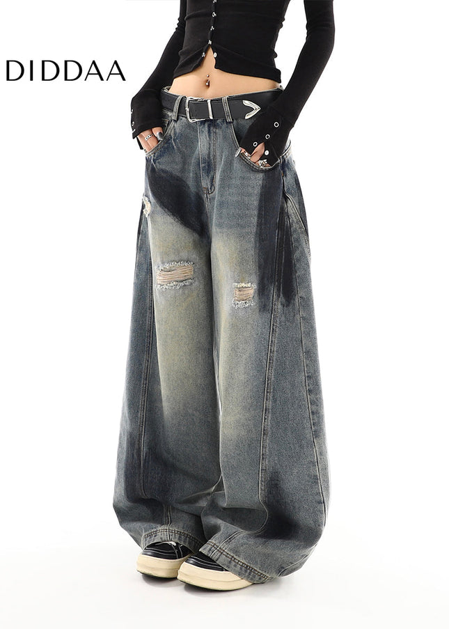 Blue Distressed American Retro Wide Leg Jeans - Women’s Jeans