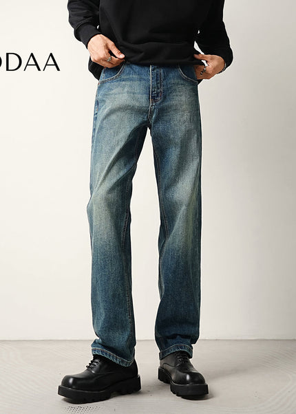 Blue Distressed Bamboo Stretch Loose Straight Jeans - 28 / Mid Blue - Men’s Jeans