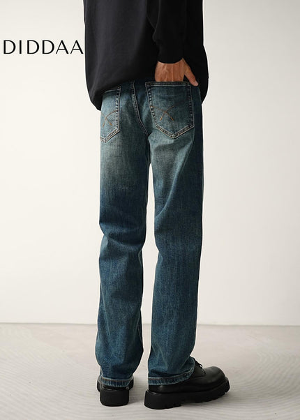 Blue Distressed Bamboo Stretch Loose Straight Jeans - Men’s Jeans