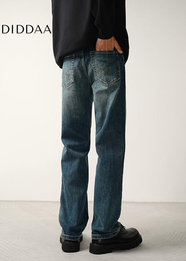 Blue Distressed Bamboo Stretch Loose Straight Jeans - Men’s Jeans