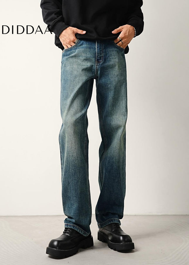 Blue Distressed Bamboo Stretch Loose Straight Jeans - Men’s Jeans