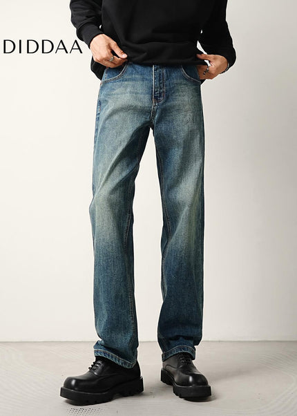 Blue Distressed Bamboo Stretch Loose Straight Jeans - Men’s Jeans