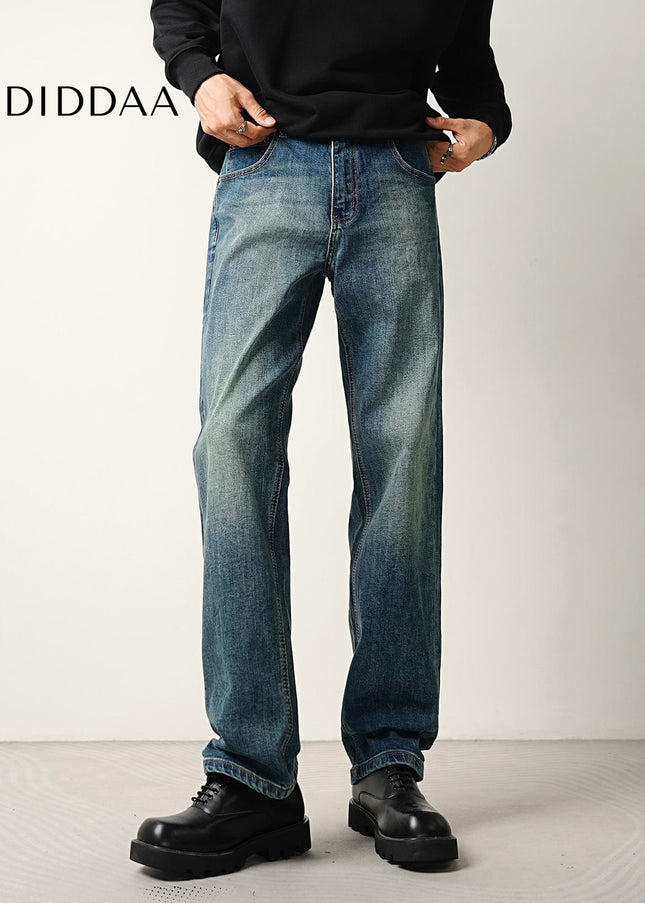 Blue Distressed Bamboo Stretch Loose Straight Jeans - Men’s Jeans
