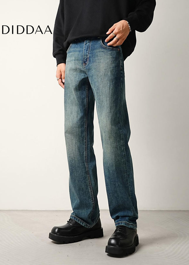 Blue Distressed Bamboo Stretch Loose Straight Jeans - Men’s Jeans