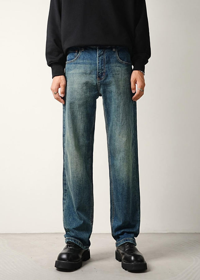 Blue Distressed Bamboo Stretch Loose Straight Jeans - Men’s Jeans