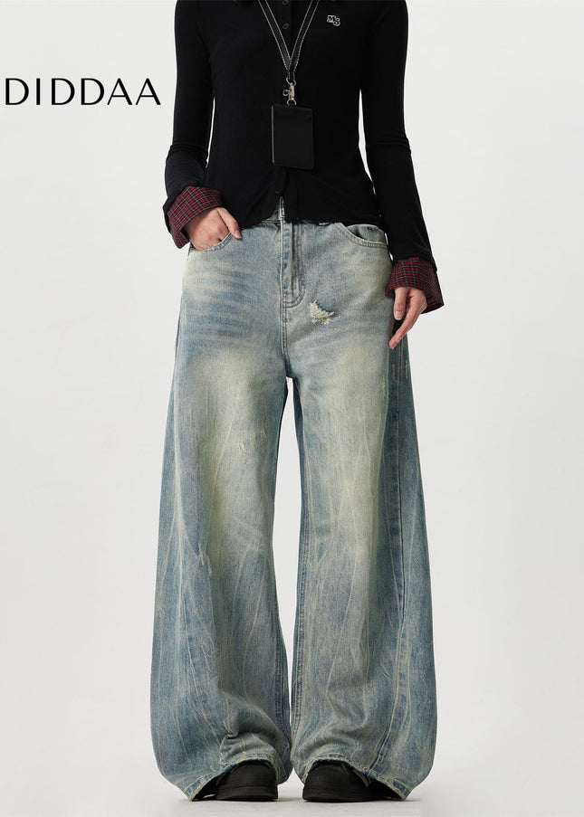 Blue Distressed Bamboo Striped Wide Leg Jeans - Men’s Jeans