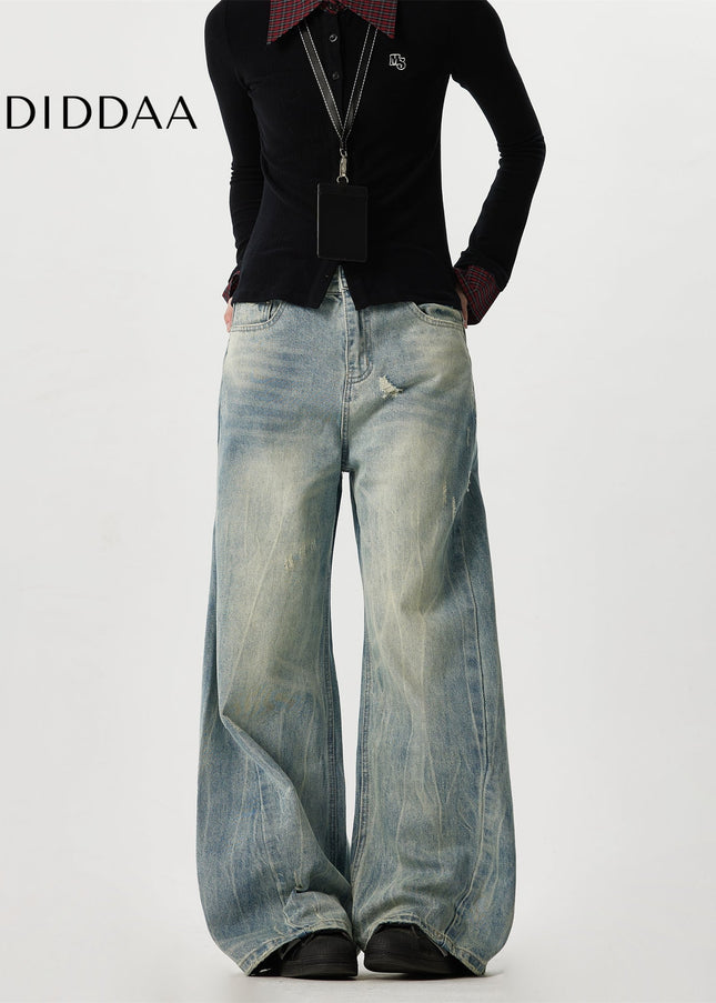 Blue Distressed Bamboo Striped Wide Leg Jeans - Men’s Jeans