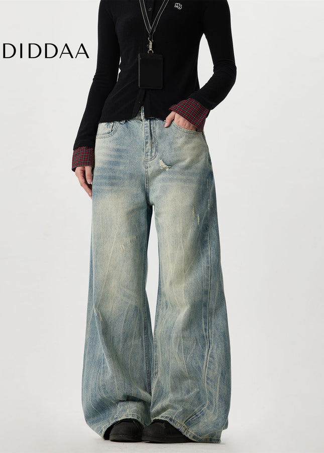 Blue Distressed Bamboo Striped Wide Leg Jeans - Men’s Jeans