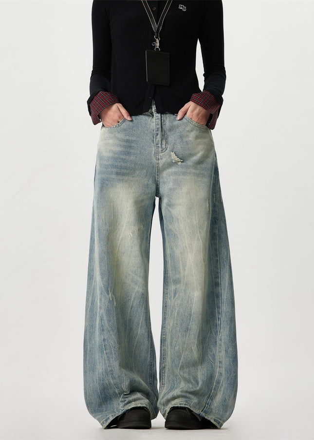 Blue Distressed Bamboo Striped Wide Leg Jeans - Men’s Jeans