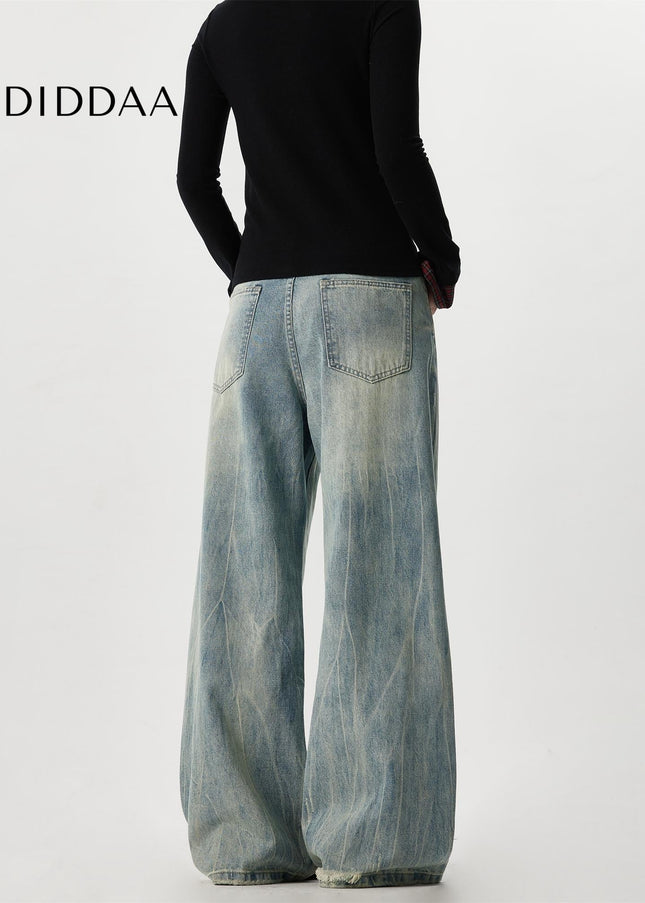Blue Distressed Bamboo Striped Wide Leg Jeans - Men’s Jeans