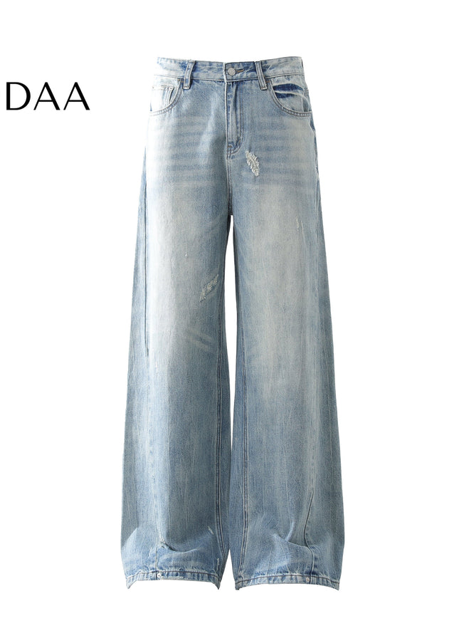 Blue Distressed Bamboo Striped Wide Leg Jeans - Mid Blue / S - Men’s Jeans