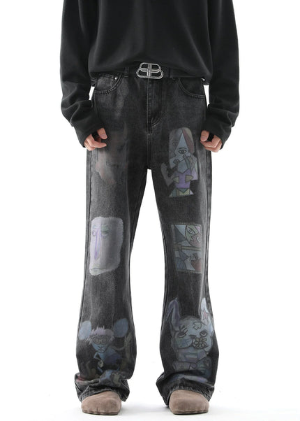 Blue Distressed Bootcut Cartoon Jeans for Men - Men’s Jeans