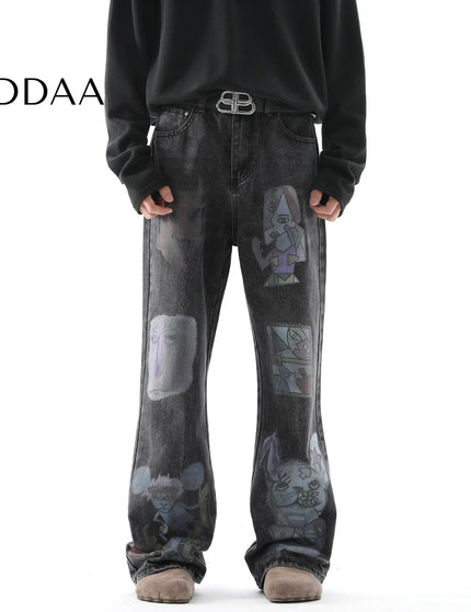 Blue Distressed Bootcut Cartoon Jeans for Men - S / Black - Men’s Jeans