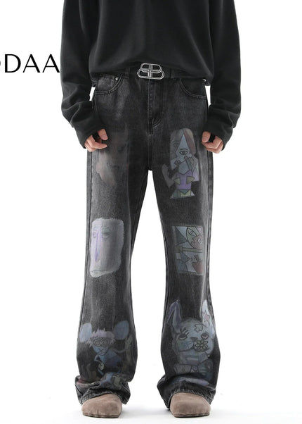 Blue Distressed Bootcut Cartoon Jeans for Men - S / Black - Men’s Jeans