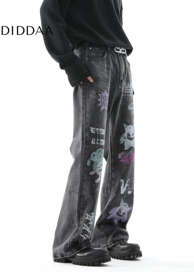 Blue Distressed Cartoon Print Straight Leg Jeans - Men’s Jeans