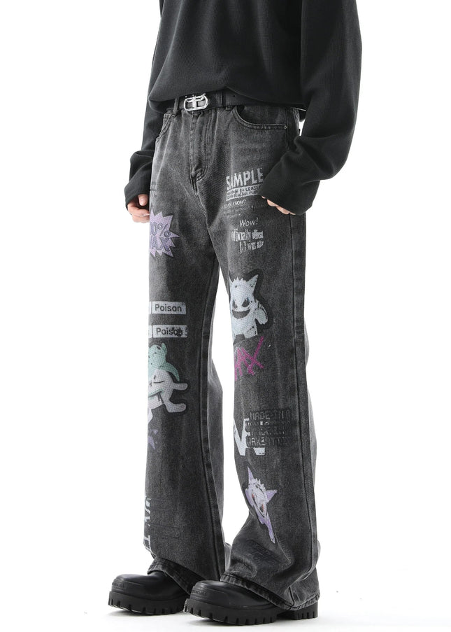 Blue Distressed Cartoon Print Straight Leg Jeans - Men’s Jeans