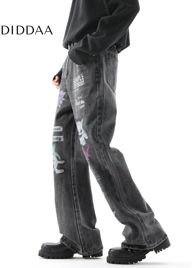 Blue Distressed Cartoon Print Straight Leg Jeans - Men’s Jeans