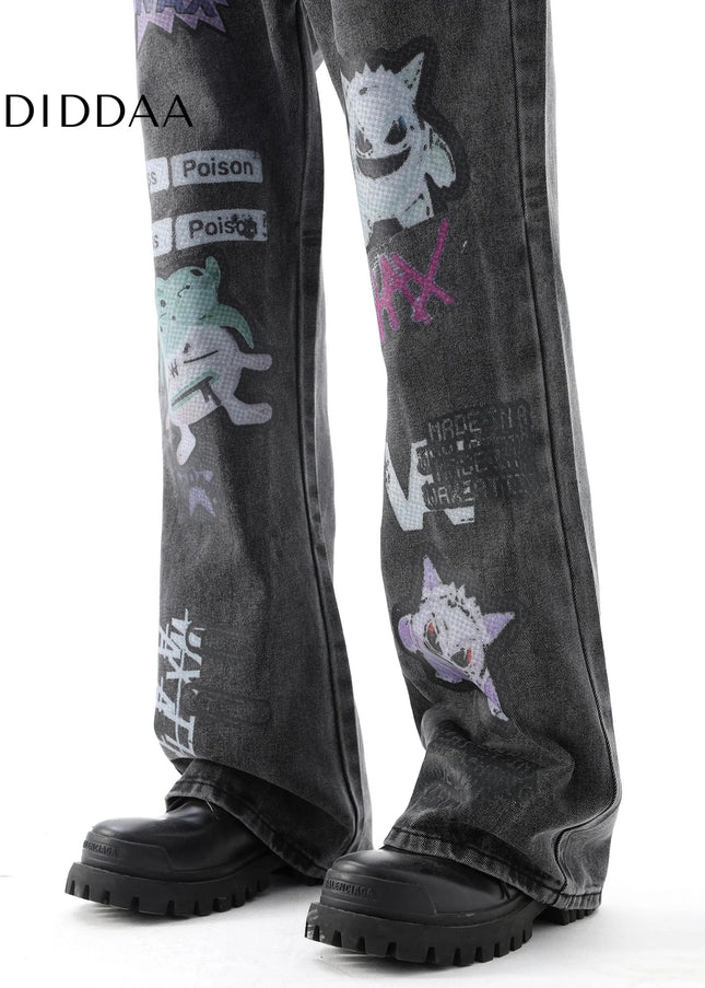 Blue Distressed Cartoon Print Straight Leg Jeans - Men’s Jeans