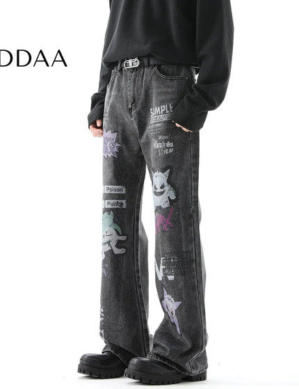 Blue Distressed Cartoon Print Straight Leg Jeans - S / Black - Men’s Jeans