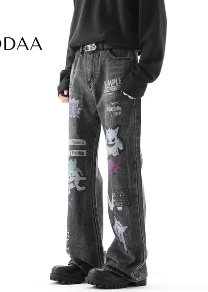 Blue Distressed Cartoon Print Straight Leg Jeans - S / Black - Men’s Jeans