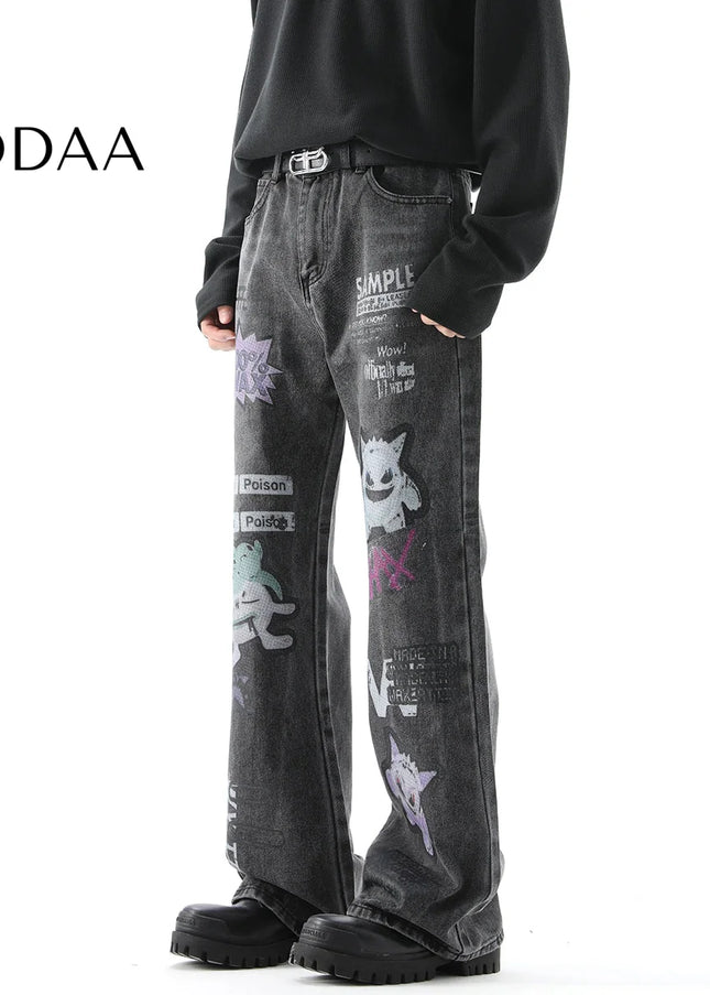 Blue Distressed Cartoon Print Straight Leg Jeans - S / Black - Men’s Jeans