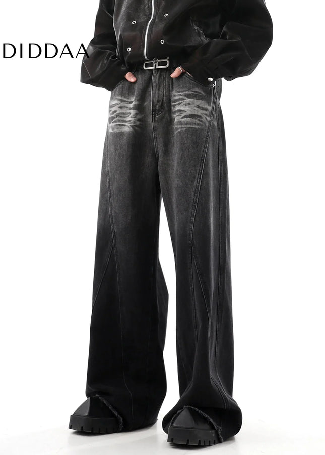 Blue Distressed Draped Wide-Leg Jeans for Men - Men’s Jeans