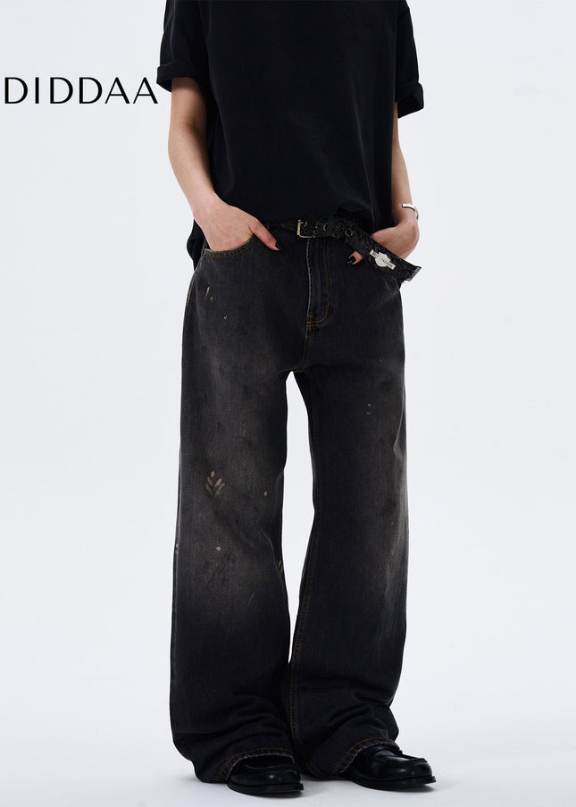 Blue Distressed Ink-Splashed Loose Straight-Leg Jeans - Men’s Jeans
