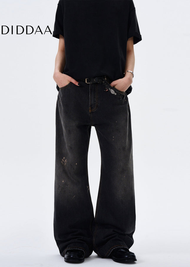 Blue Distressed Ink-Splashed Loose Straight-Leg Jeans - Men’s Jeans