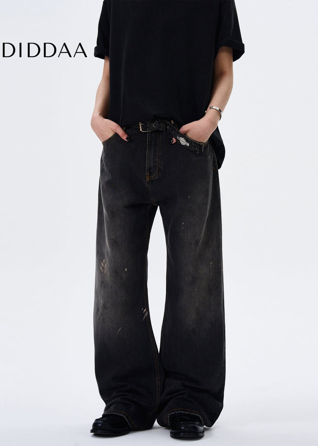 Blue Distressed Ink-Splashed Loose Straight-Leg Jeans - Men’s Jeans