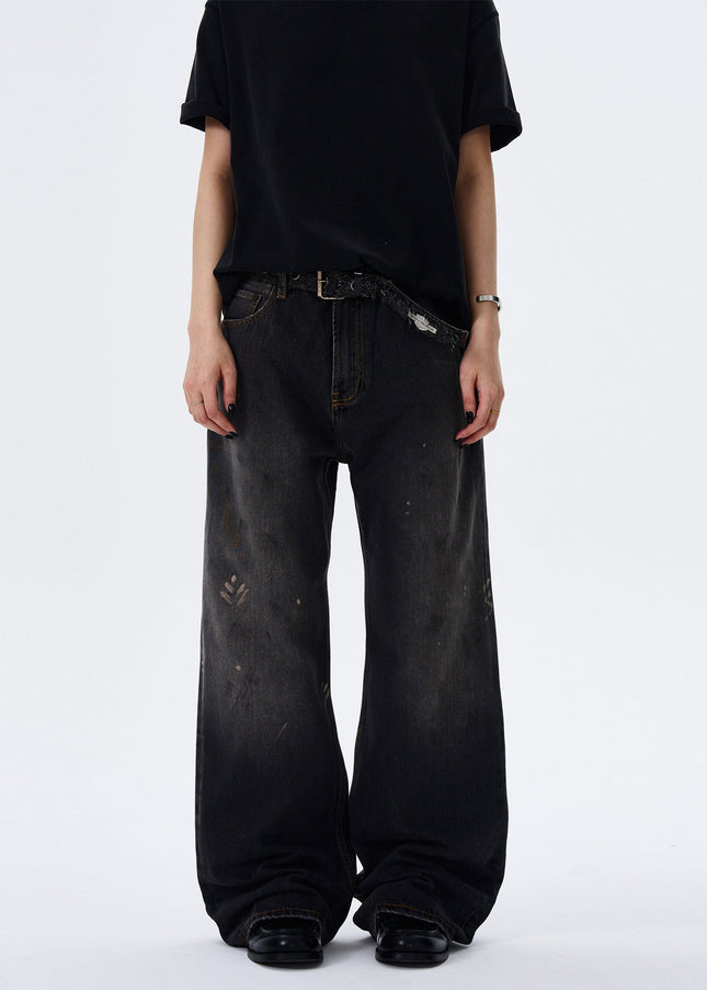 Blue Distressed Ink-Splashed Loose Straight-Leg Jeans - Men’s Jeans
