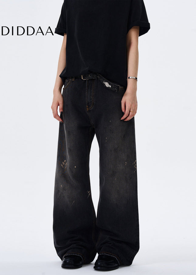 Blue Distressed Ink-Splashed Loose Straight-Leg Jeans - Men’s Jeans