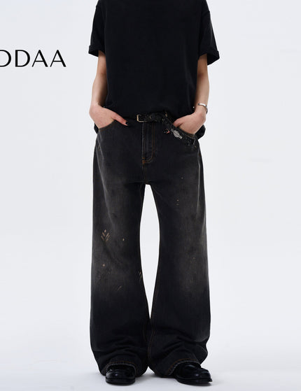 Blue Distressed Ink-Splashed Loose Straight-Leg Jeans - S / Grey - Men’s Jeans