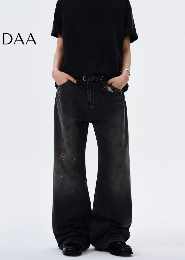 Blue Distressed Ink-Splashed Loose Straight-Leg Jeans - S / Grey - Men’s Jeans