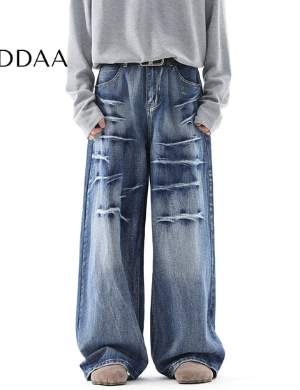 Blue Distressed Lightning Pattern Baggy Jeans - M / Blue - Men’s Jeans
