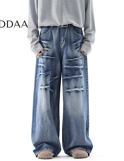 Blue Distressed Lightning Pattern Baggy Jeans - M / Blue - Men’s Jeans