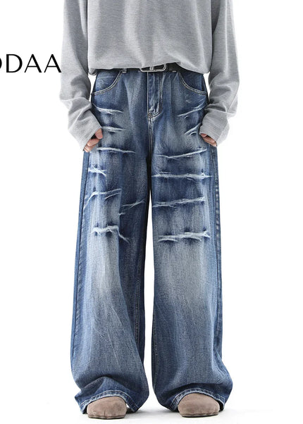 Blue Distressed Lightning Pattern Baggy Jeans - M / Blue - Men’s Jeans