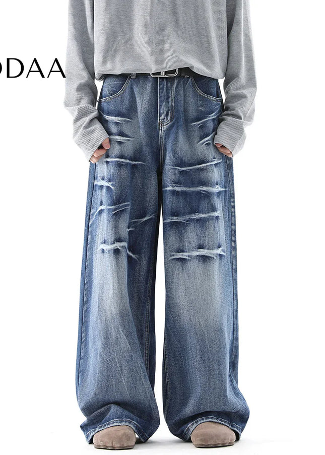 Blue Distressed Lightning Pattern Baggy Jeans - M / Blue - Men’s Jeans